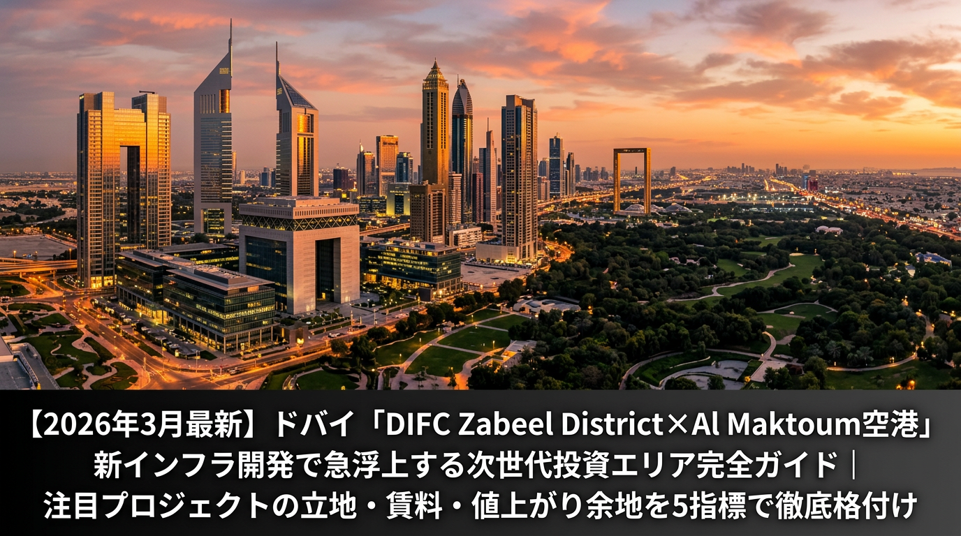 夕暮れ時のドバイDIFCエリアの高層ビル群とZabeel Park方面の緑地帯のパノラマ
