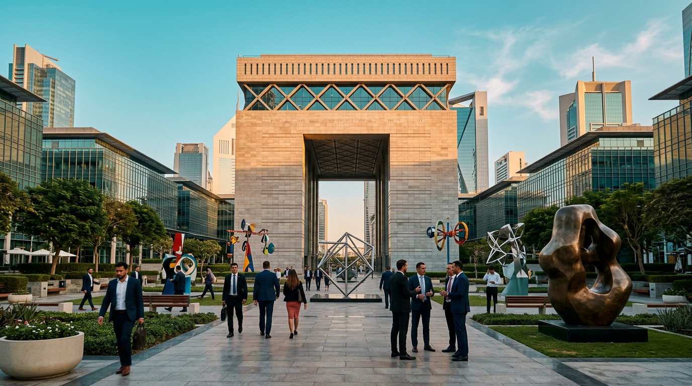 DIFCのGate Building正面とモダンアート彫刻が置かれた広場を歩くビジネスパーソン