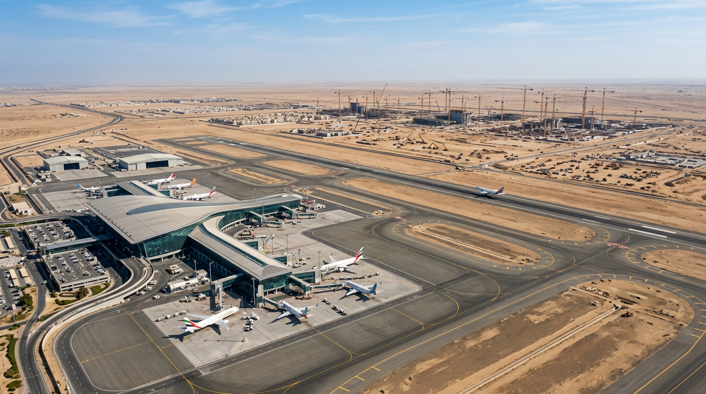 アル・マクトゥーム国際空港ターミナルと周辺の新規住宅開発エリアの建設クレーン群