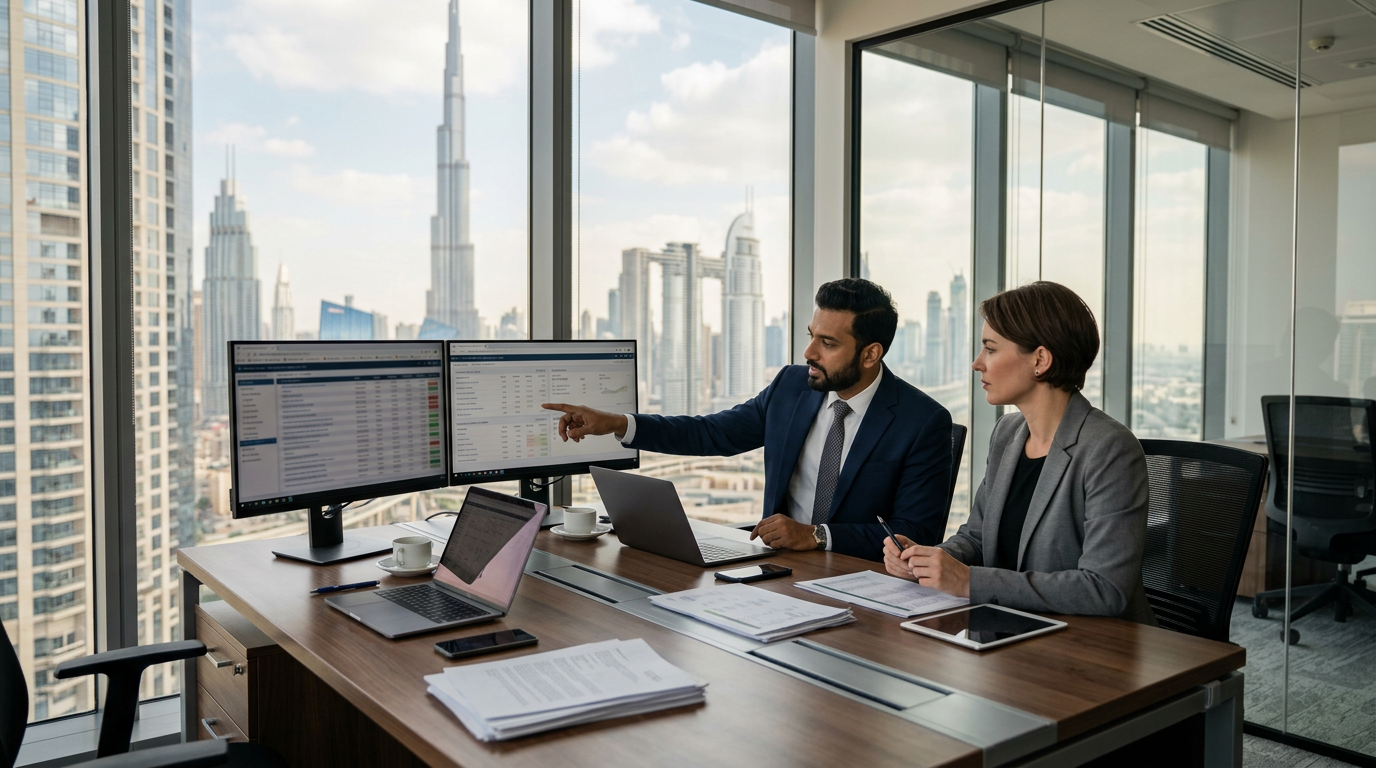 モダンなドバイのオフィスで不動産データを分析する2人のビジネスパーソン