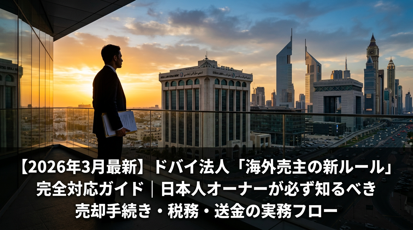 ドバイランドデパートメントを背景にゴールデンアワーで書類を手にするビジネスパーソンのシルエット