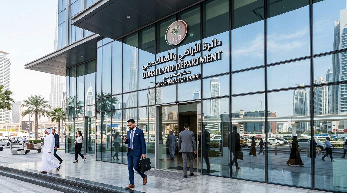 ドバイランドデパートメントのモダンなガラス張りオフィスビル入口にアラビア語と英語の看板がある景観