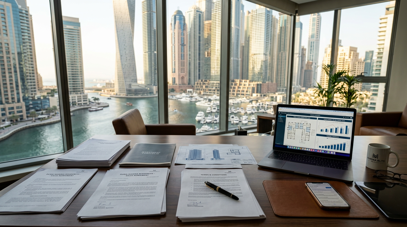 ドバイマリーナを臨む高層オフィスのデスクに不動産書類とノートパソコンが置かれている光景