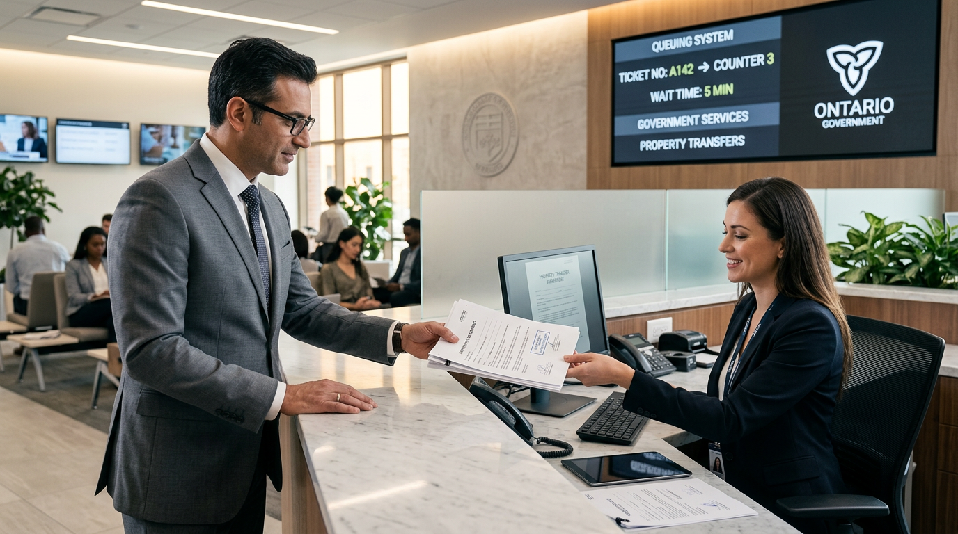 ドバイランドデパートメントの受付カウンターで書類を提出するビジネスマンの景観