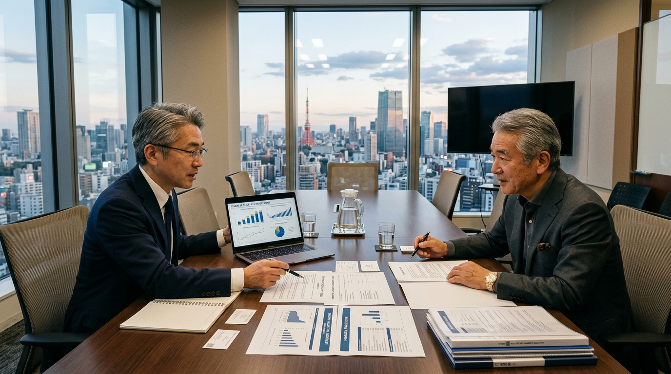 東京の高層オフィス会議室で税理士と日本人投資家がドバイ不動産について打ち合わせをしている景観