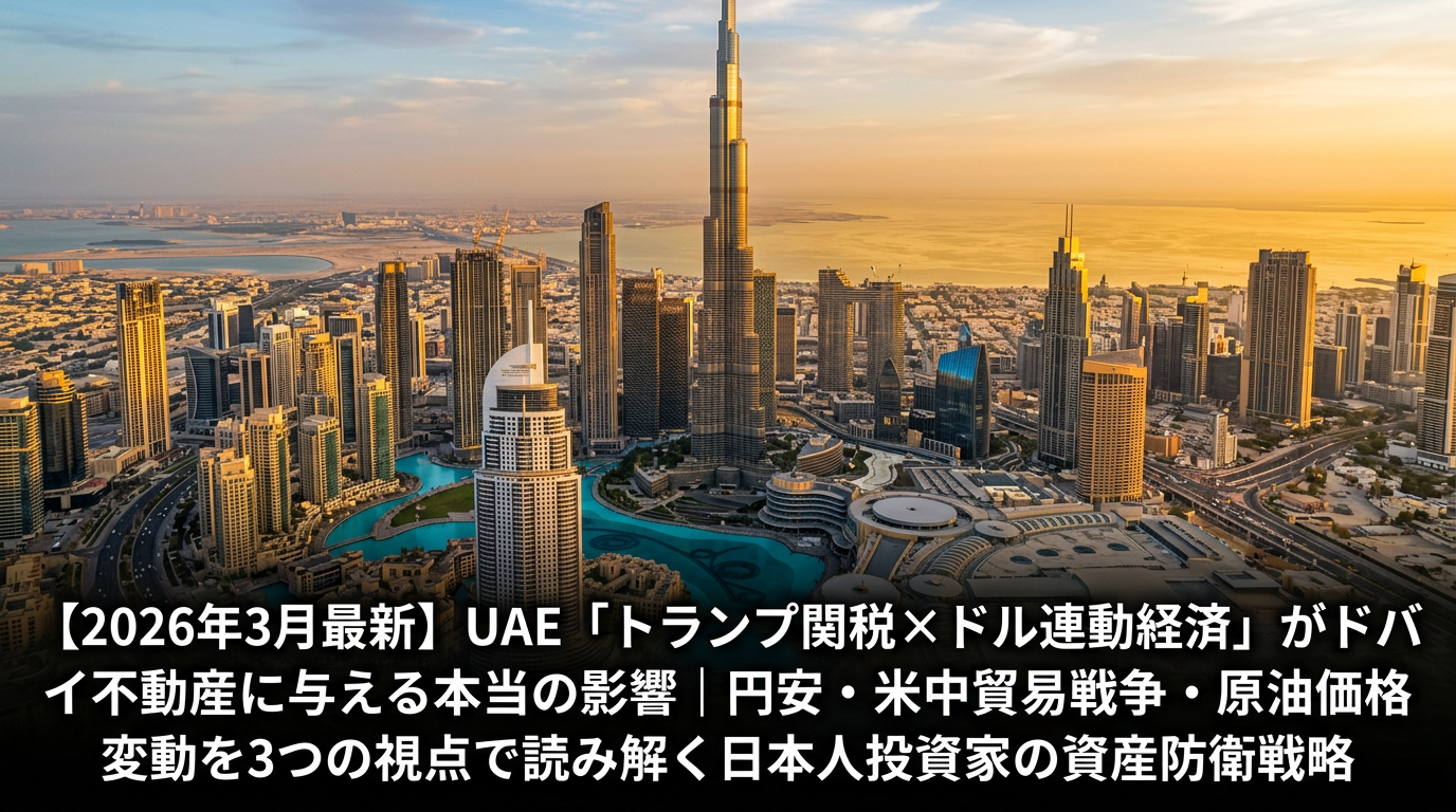 夕暮れ時のドバイダウンタウン全景。ブルジュ・ハリファを中心に高層ビル群が立ち並び、金色の夕日に照らされた建物群とペルシャ湾の眺望