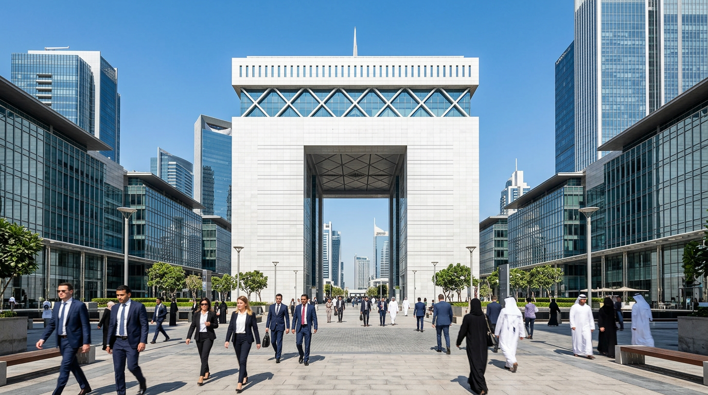 ドバイ国際金融センター（DIFC）のゲートビルディング。モダンなアーチ型建造物と周囲のガラス張りオフィスビル群、昼間の明るい照光下でビジネスパーソンが行き交う
