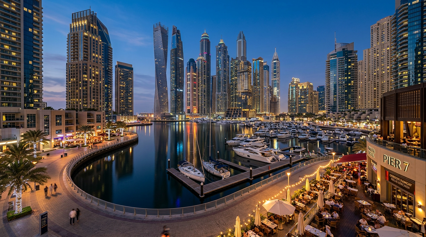 ドバイマリーナの夜景。ライトアップされた高層レジデンスタワーが運河沿いに並び、レストランと停泊するヨットが見える