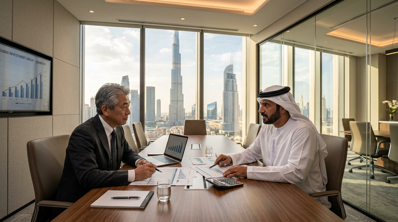 ドバイの高層オフィスで書類を確認する日本人ビジネスマンとアラブ人ビジネスマン。窓からブルジュ・ハリファが見える