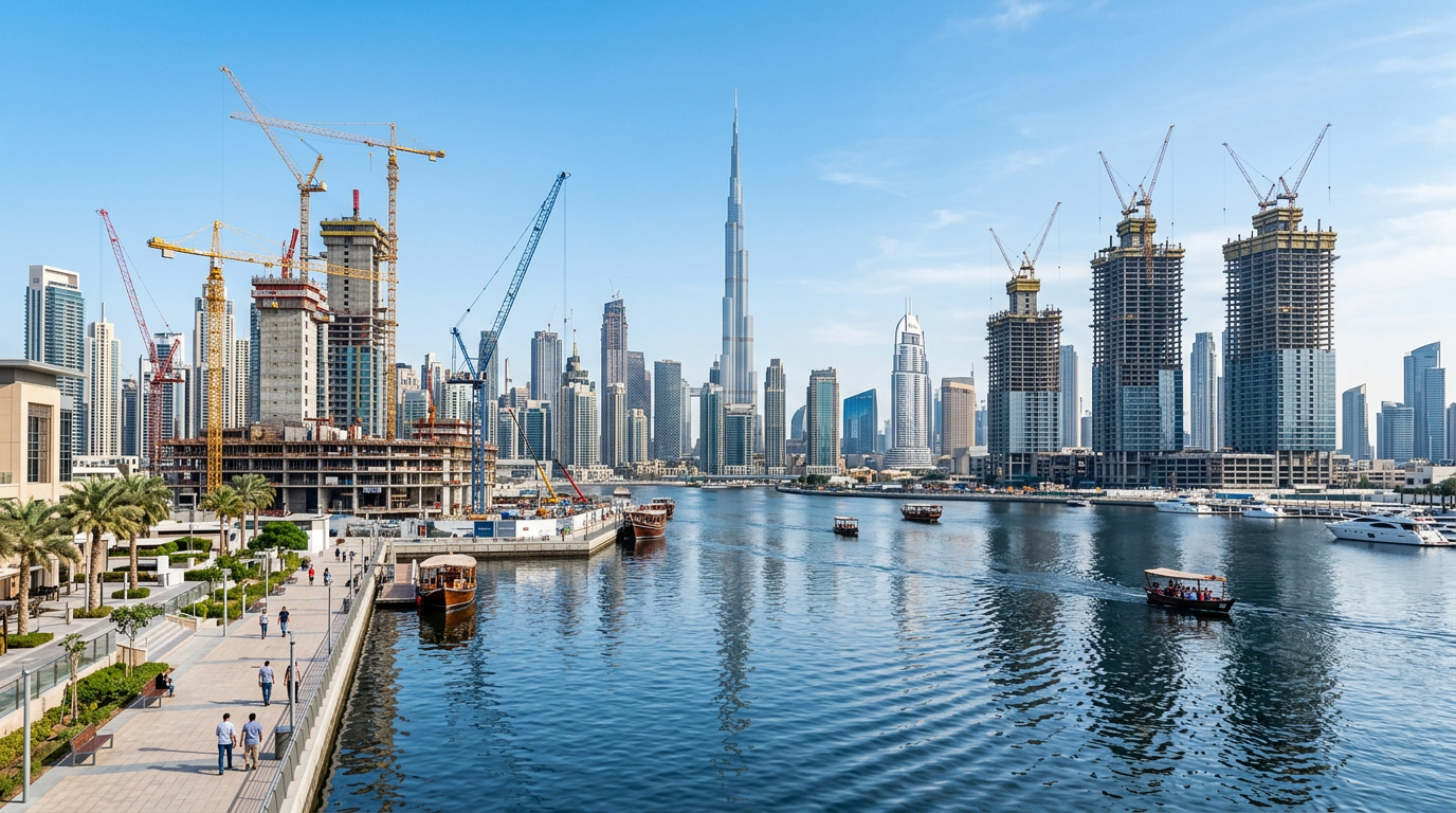 ドバイ・クリークハーバーから望むダウンタウン。建設中の超高層タワーと建設用クレーン、穏やかなクリークの水面