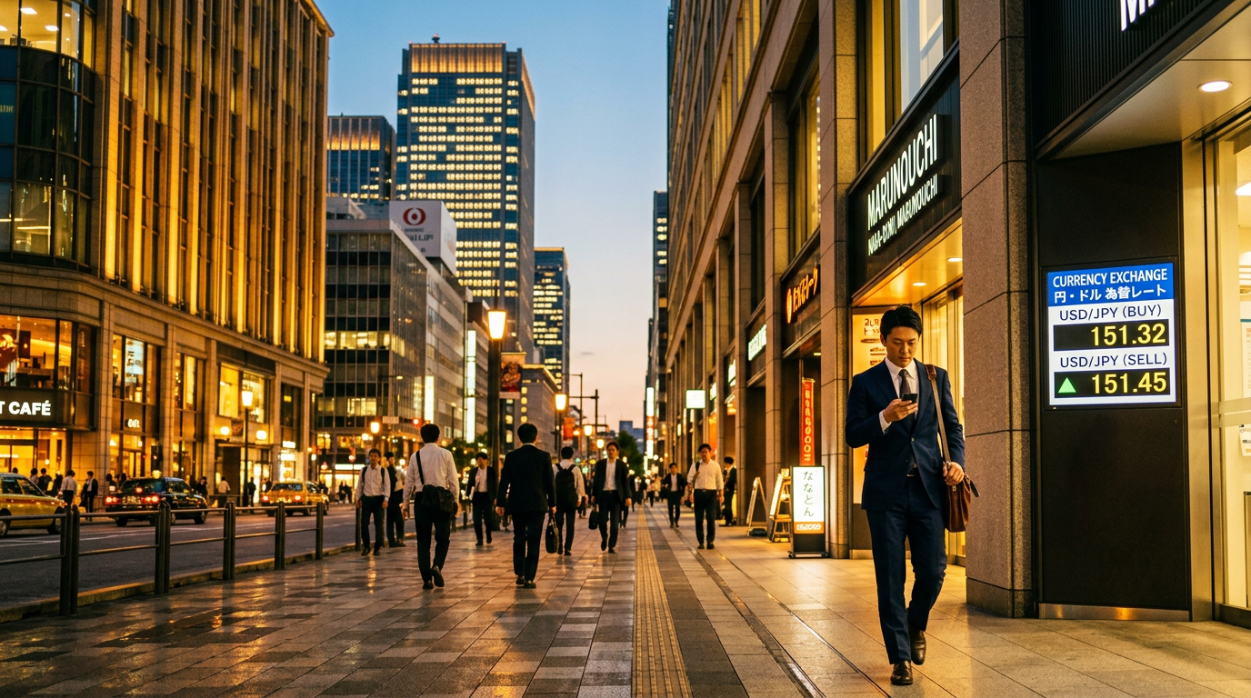 東京丸の内のオフィス街と円安を示す為替ボード、スマートフォンを確認するビジネスマン