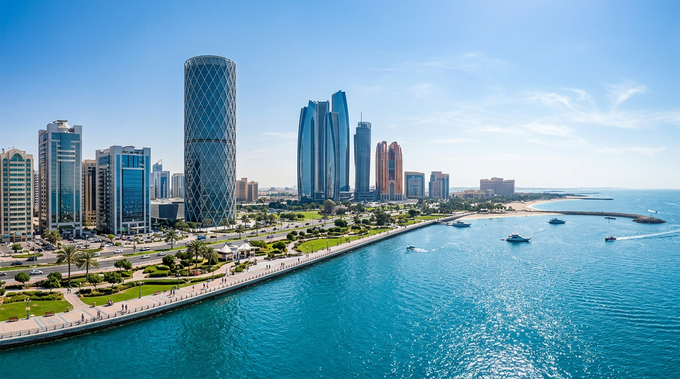 アブダビのコーニッシュ沿いに立ち並ぶ高層ビル群とADIA本部ビル周辺の近代的な街並み