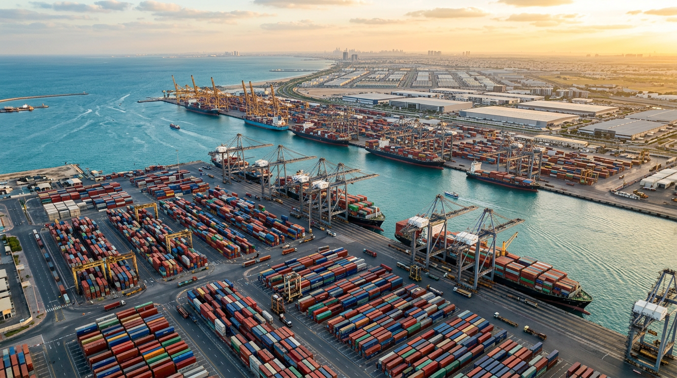ドバイのジュベルアリ港に並ぶ巨大なコンテナクレーンと貨物船、背景にフリーゾーンの倉庫群
