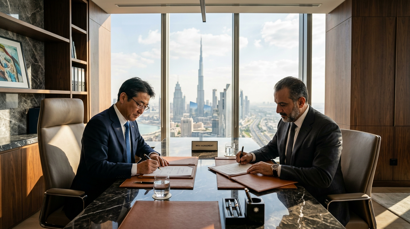 ドバイのモダンなオフィスで書類にサインする日本人とアラブ人のビジネスマン、窓からバージュ・ハリファが見える