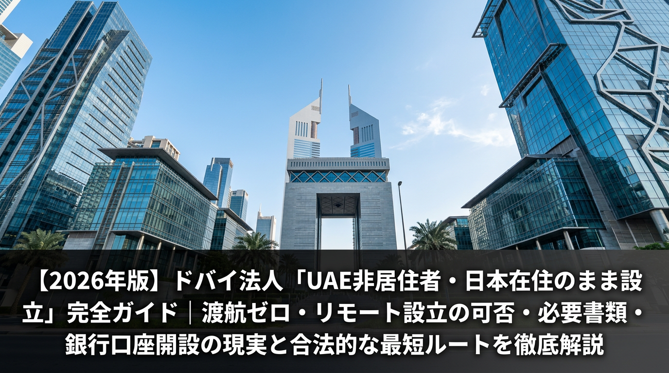 ドバイDIFCビジネス地区のガラス張り高層ビル群を下から見上げるドラマティックなアングル、青空と近代的建築