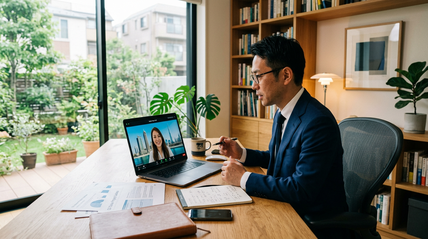 ドバイのスカイラインを映すビデオ通話画面を見ながらホームオフィスのノートパソコンで業務する日本人ビジネスマン