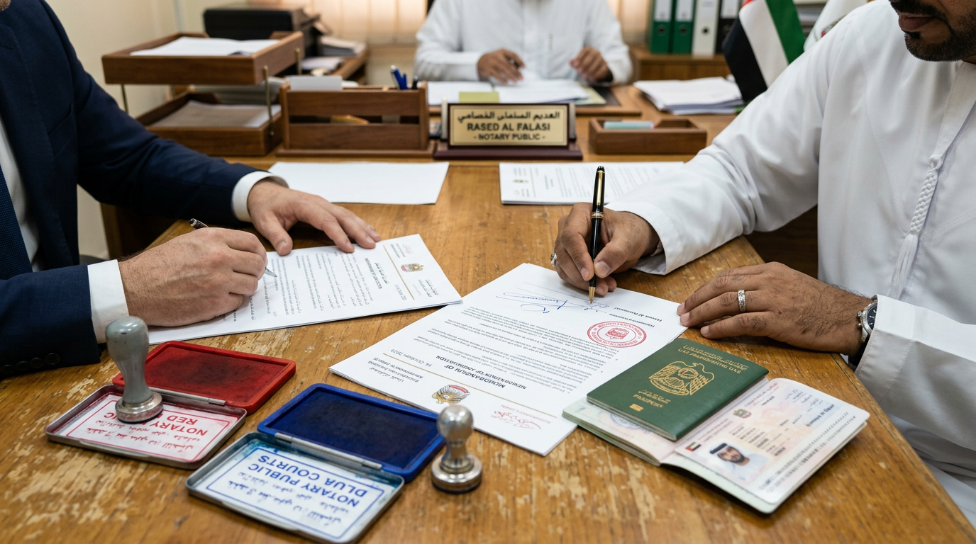 公証役場のデスクでパスポートと公証印を前に書類にサインする両手のクローズアップ