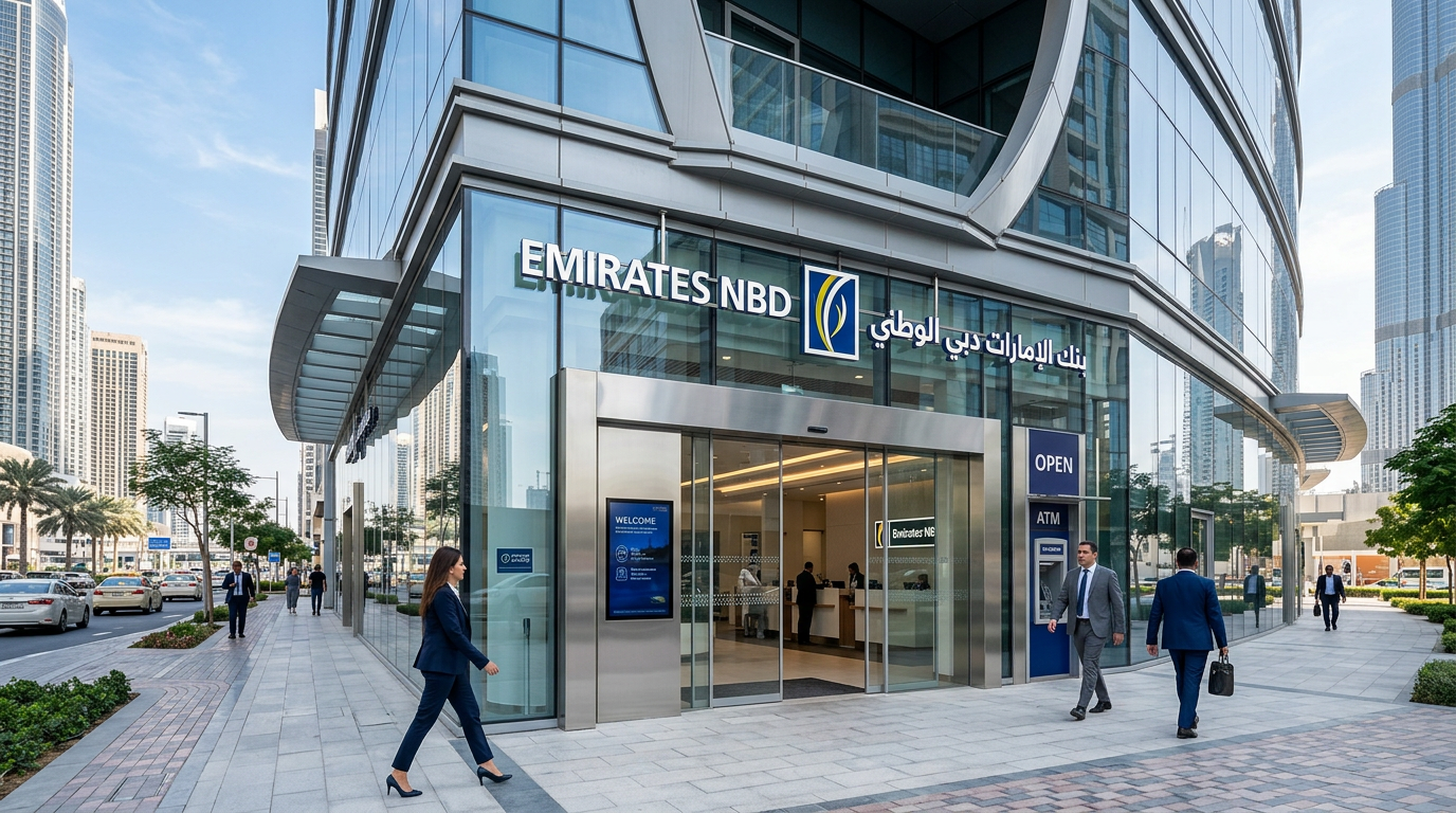 ドバイ・ダウンタウンのEmirates NBD銀行支店が入る現代的な商業ビルの外観と入口