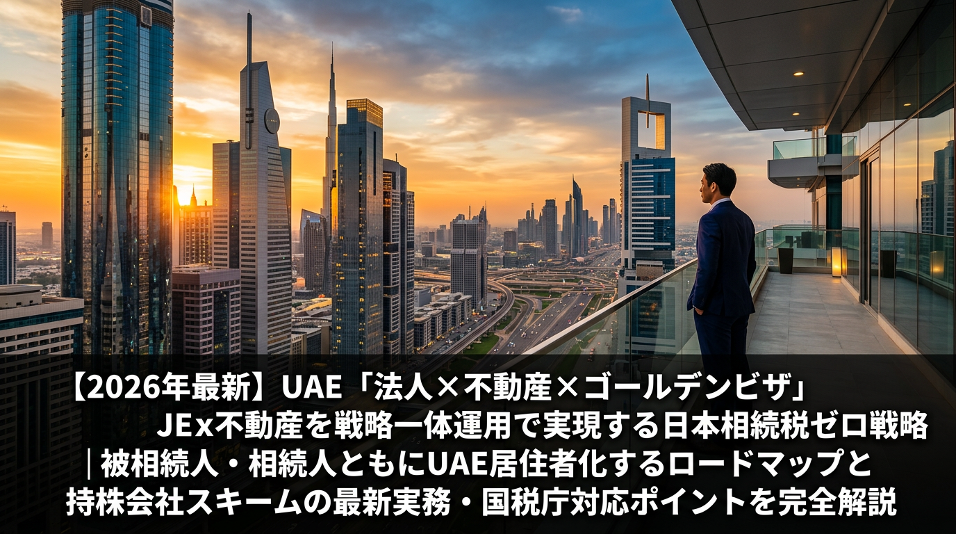 ドバイDIFC（国際金融センター）のガラス張り高層ビル群を背景に、スーツ姿のビジネスマンがテラスから街を見下ろしている夕暮れの風景