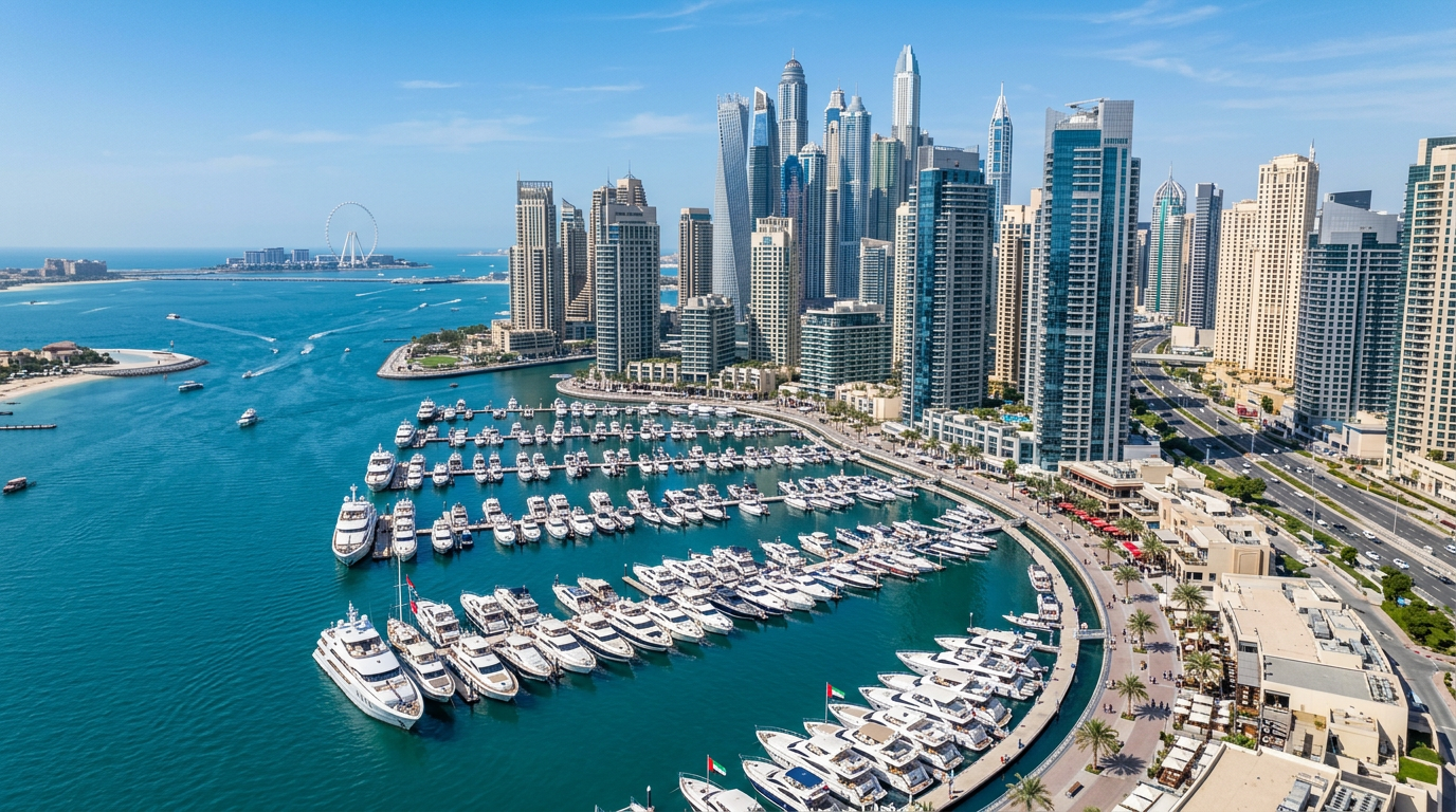 ドバイマリーナの豪華なヨットハーバーと高層レジデンス群のパノラマ風景
