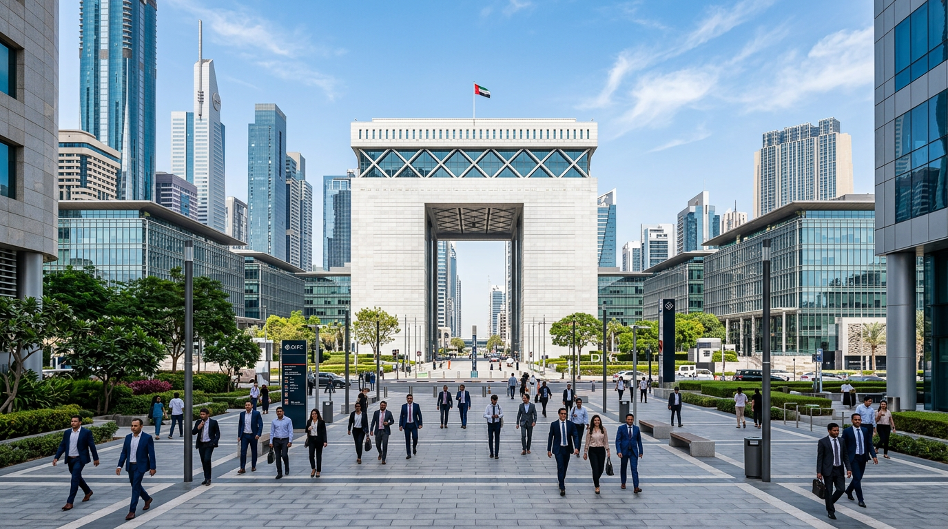 DIFCゲートビルディングと周辺のモダンなオフィスビル群、ビジネスパーソンが歩く昼間の風景