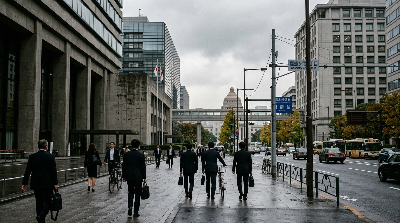 東京霞が関の官庁街ビル群と行き交うビジネスパーソンの風景