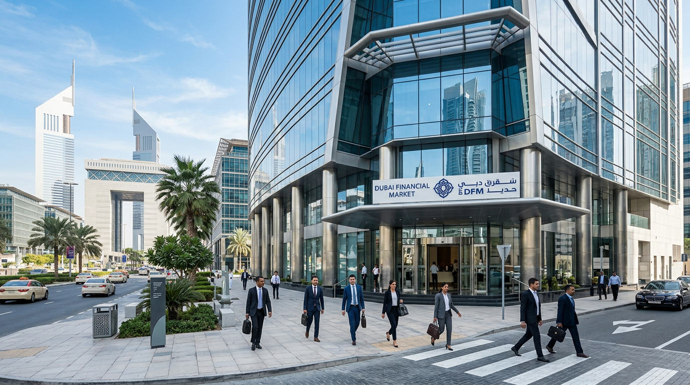 ドバイ金融市場（DFM）ビルの外観とビジネス街の雰囲気