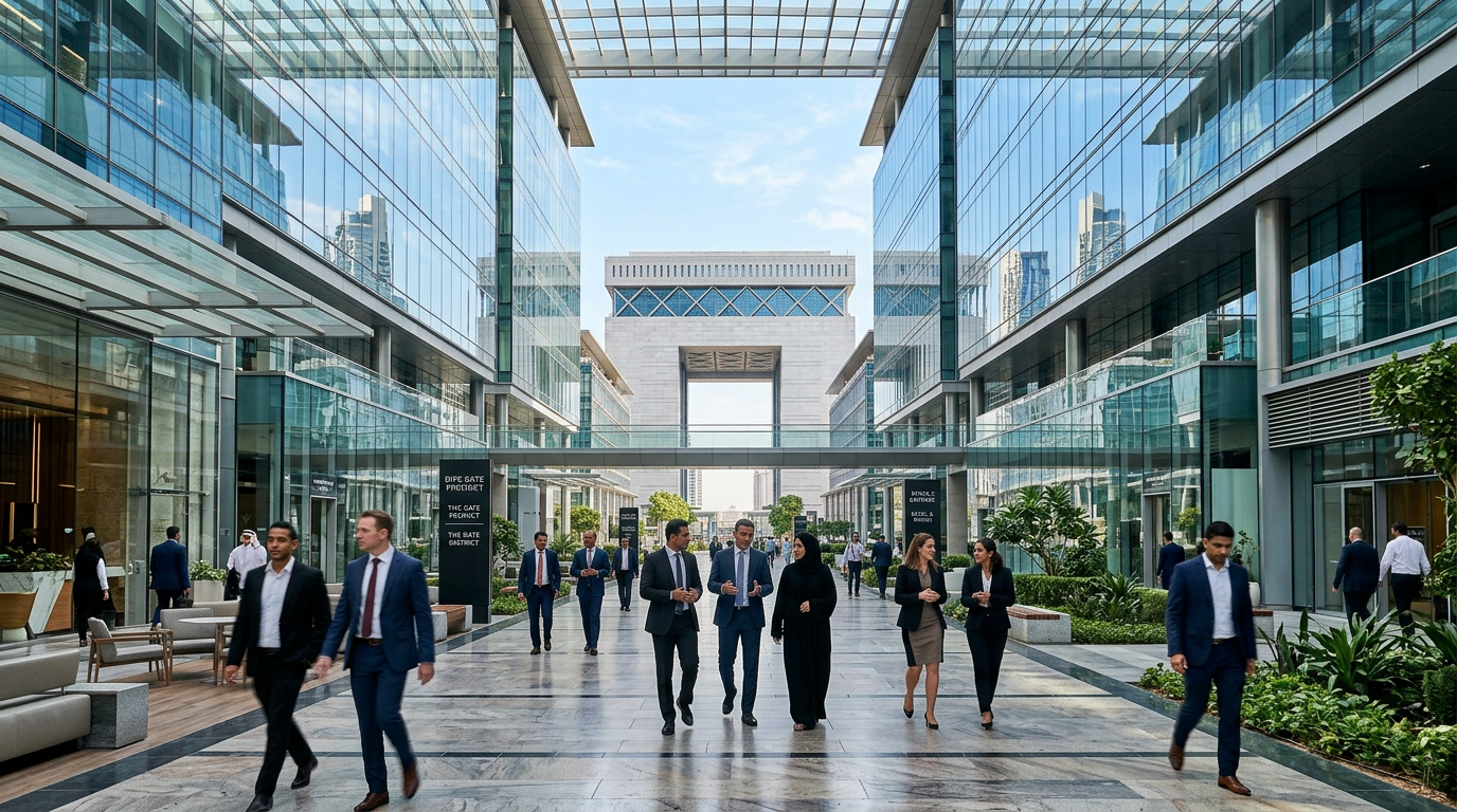ドバイ国際金融センター（DIFC）のモダンなオフィスビル群と歩行者通路