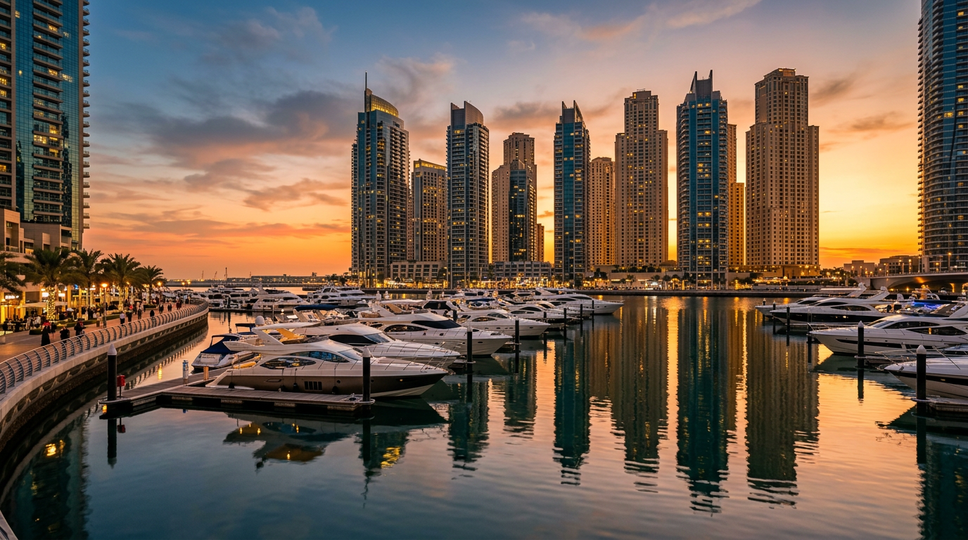 ドバイマリーナの高層レジデンス群と停泊する豪華ヨット、夕焼けの反射