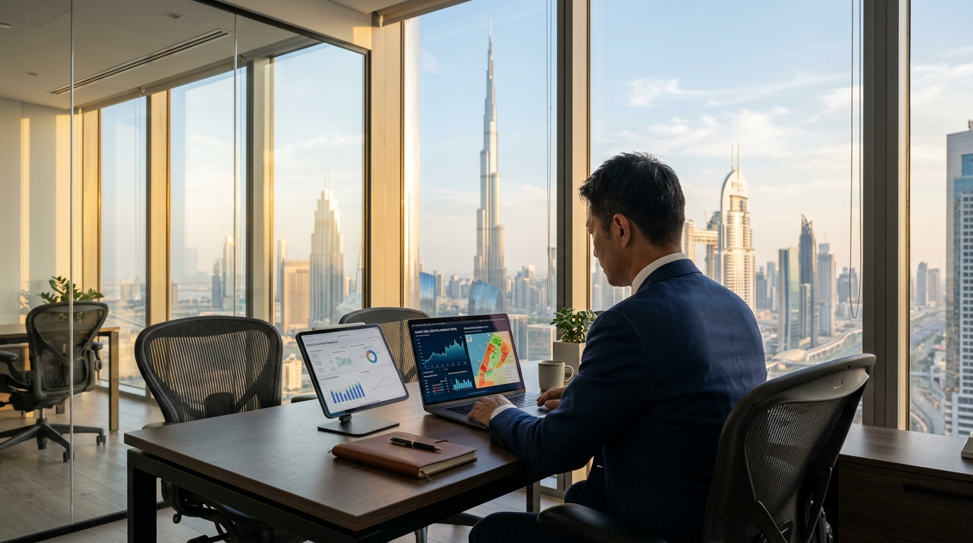 ドバイのスカイラインを望むオフィスで不動産データを分析するビジネスマン