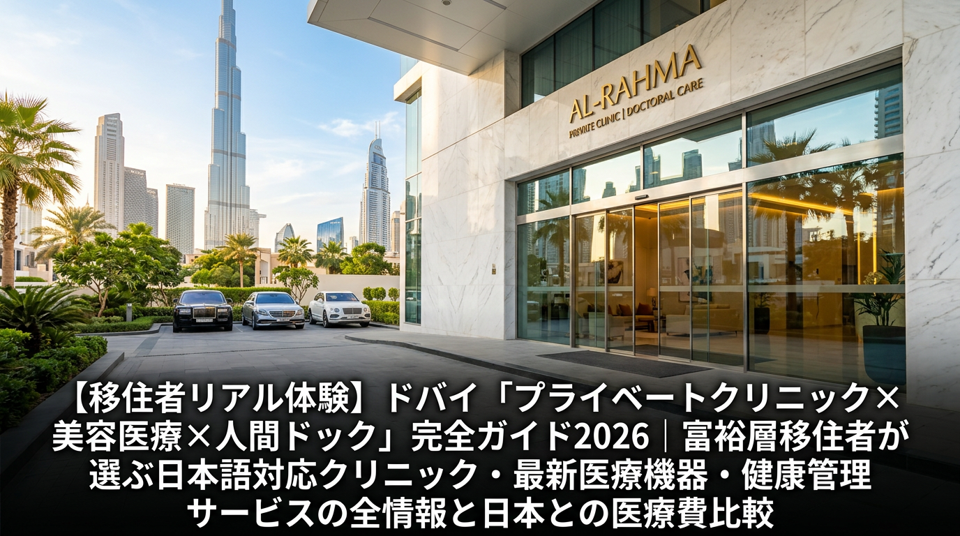 ドバイ・ダウンタウンにある近代的なプライベートクリニックのエントランス。白い大理石のロビーとガラス張りの自動ドアが見え、背景に高層ビル群が映る