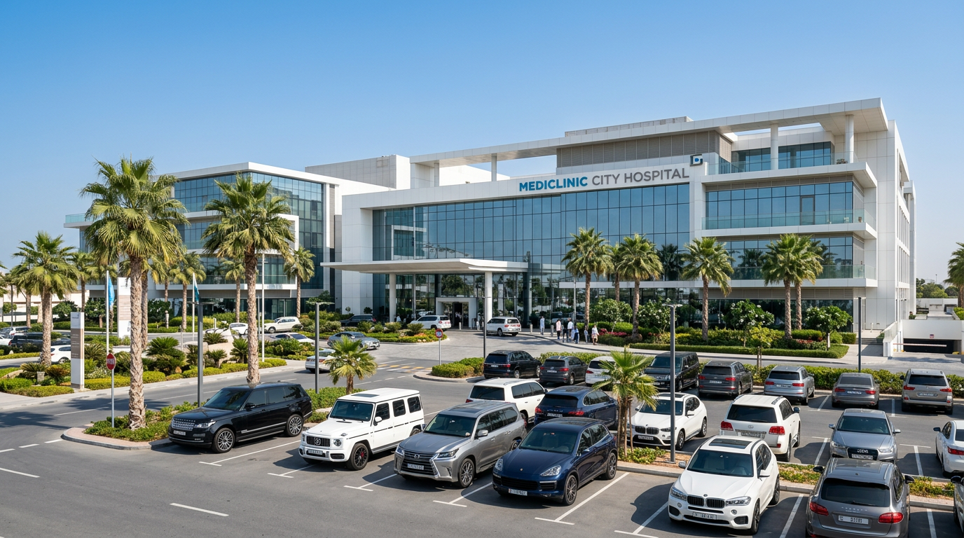 ドバイの主要プライベート病院Mediclinic City Hospitalの外観。白い建物とガラスのファサード、ヤシの木、駐車場