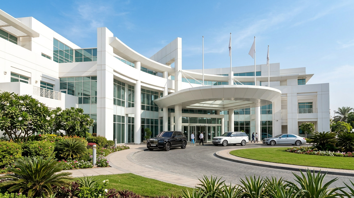 JCI認定のAmerican Hospital Dubaiの正面外観。白い建物、植栽された庭園、高級車が停まった駐車場