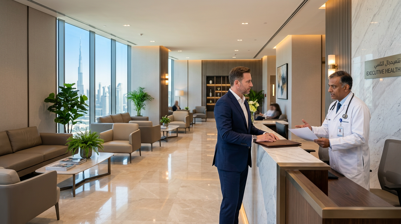 ドバイの高級病院内にあるエグゼクティブ健康診断センターの待合室。大理石床、革製ソファ、医師とビジネスマンが相談している