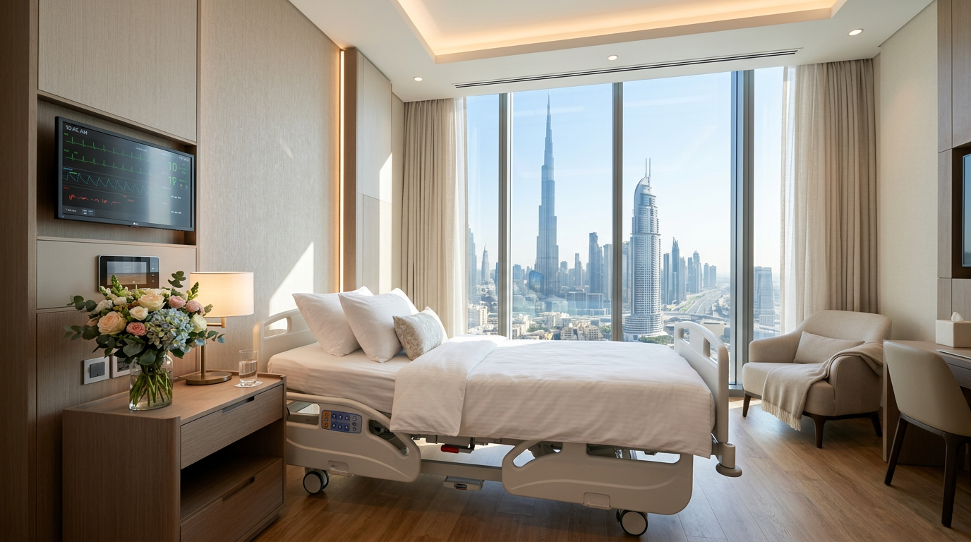 ブルジュ・ハリファが見えるドバイのプライベート病院個室。清潔なベッド、サイドテーブルに花瓶、医療モニター、自然光が降り注ぐ