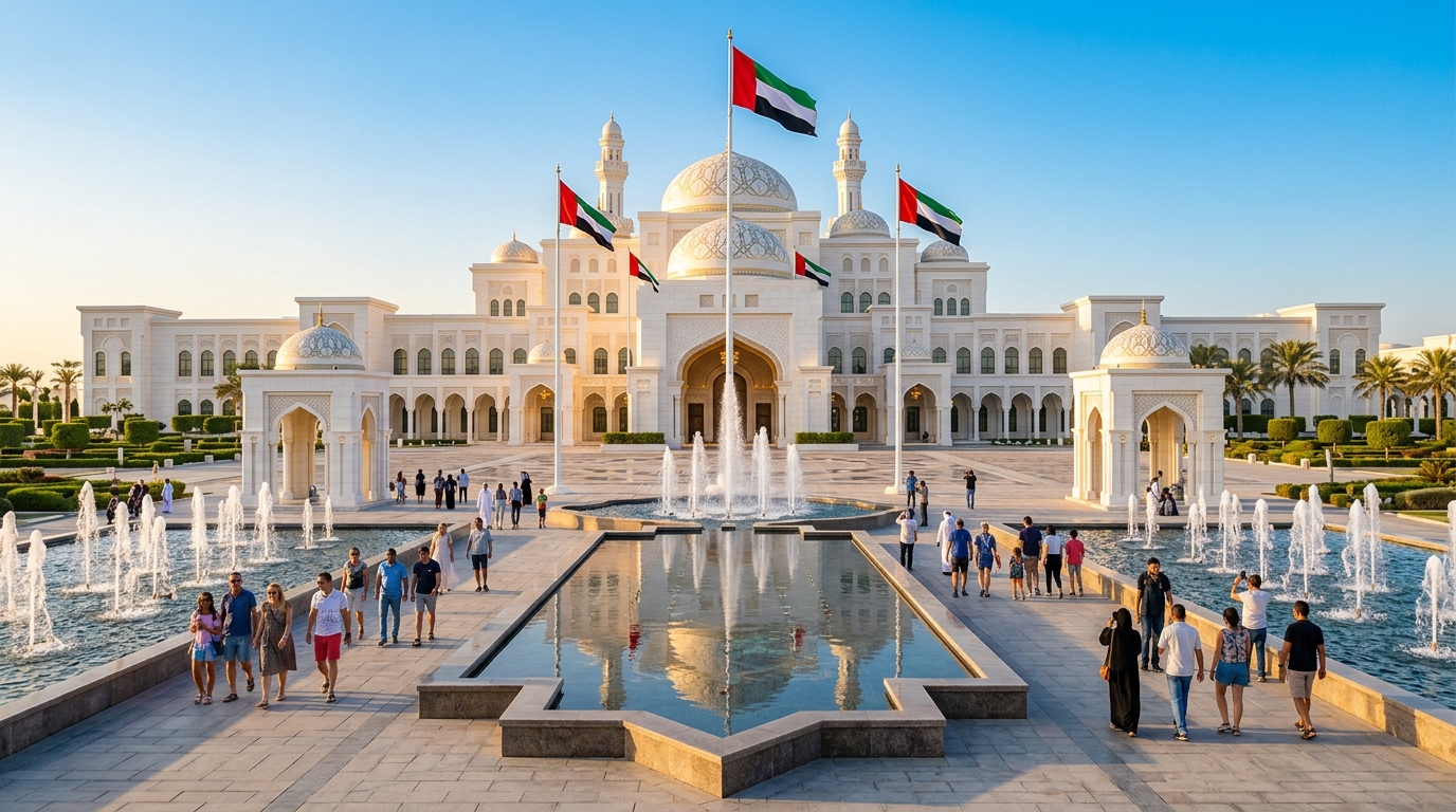 アブダビの大統領官邸カスル・アル・ワタンの荘厳な外観。白い壮大な建築とUAE国旗がはためき、噴水広場に家族連れが歩いている