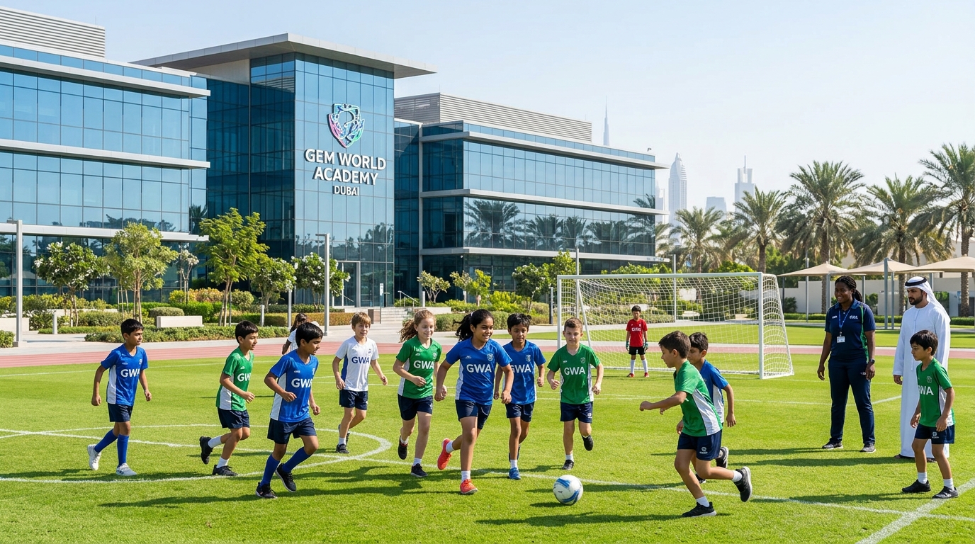 ドバイの近代的なインターナショナルスクールの校舎と芝生のグラウンドで遊ぶ多国籍の子供たち