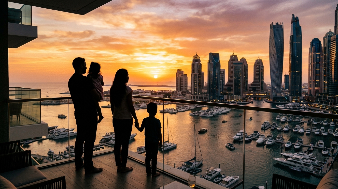 ドバイマリーナのタワーマンションのバルコニーから夕暮れの海を眺める家族のシルエット。ヨットが係留された港と美しい夕焼けが広がる