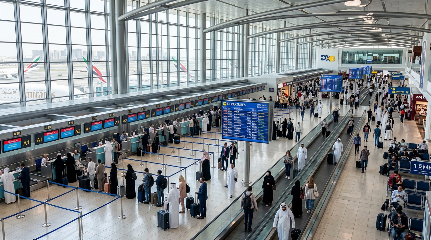 Eid休暇期間中のドバイ国際空港出発ターミナルの風景。旅行者、高級スーツケース、出発情報ボード、チェックインカウンター