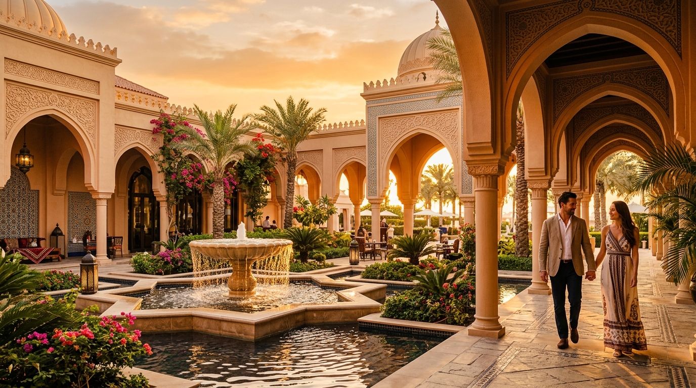 One&Only Royal Mirageのアラビアン様式中庭。エレガントなカップルがヤシの木に囲まれた回廊を歩く。中央の噴水、夕暮れのオレンジ色の光が石造りのアーチを照らす