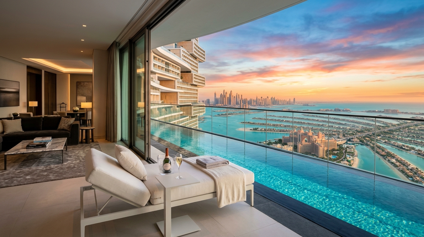 Atlantis The Royalのスカイラインスイートのバルコニーから見下ろすPalm Jumeirahの絶景。インフィニティプールがターコイズブルーの海と一体化。白いデイベッド、シャンパングラス