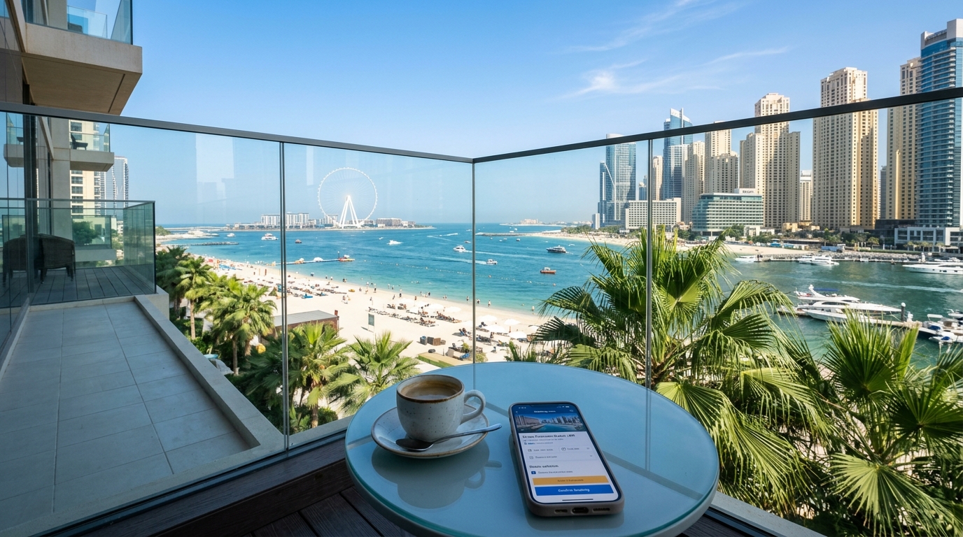 ドバイマリーナのアパートメントバルコニーからJBRビーチを見下ろす朝の風景。コーヒーカップとホテル予約アプリが表示されたスマートフォン。ヤシの木と高層タワー
