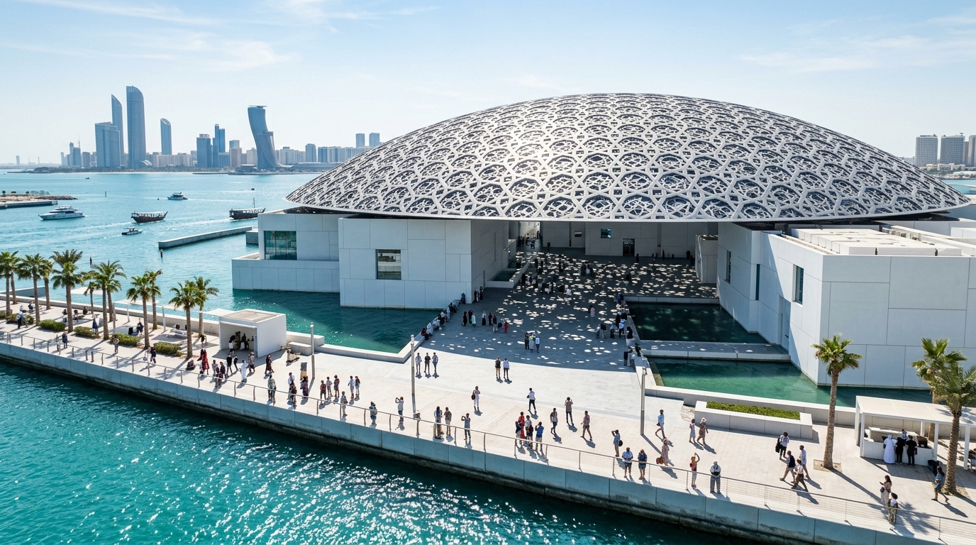 サディヤット島のルーブル・アブダビ美術館。白いドーム屋根と手前のターコイズブルーの海が印象的