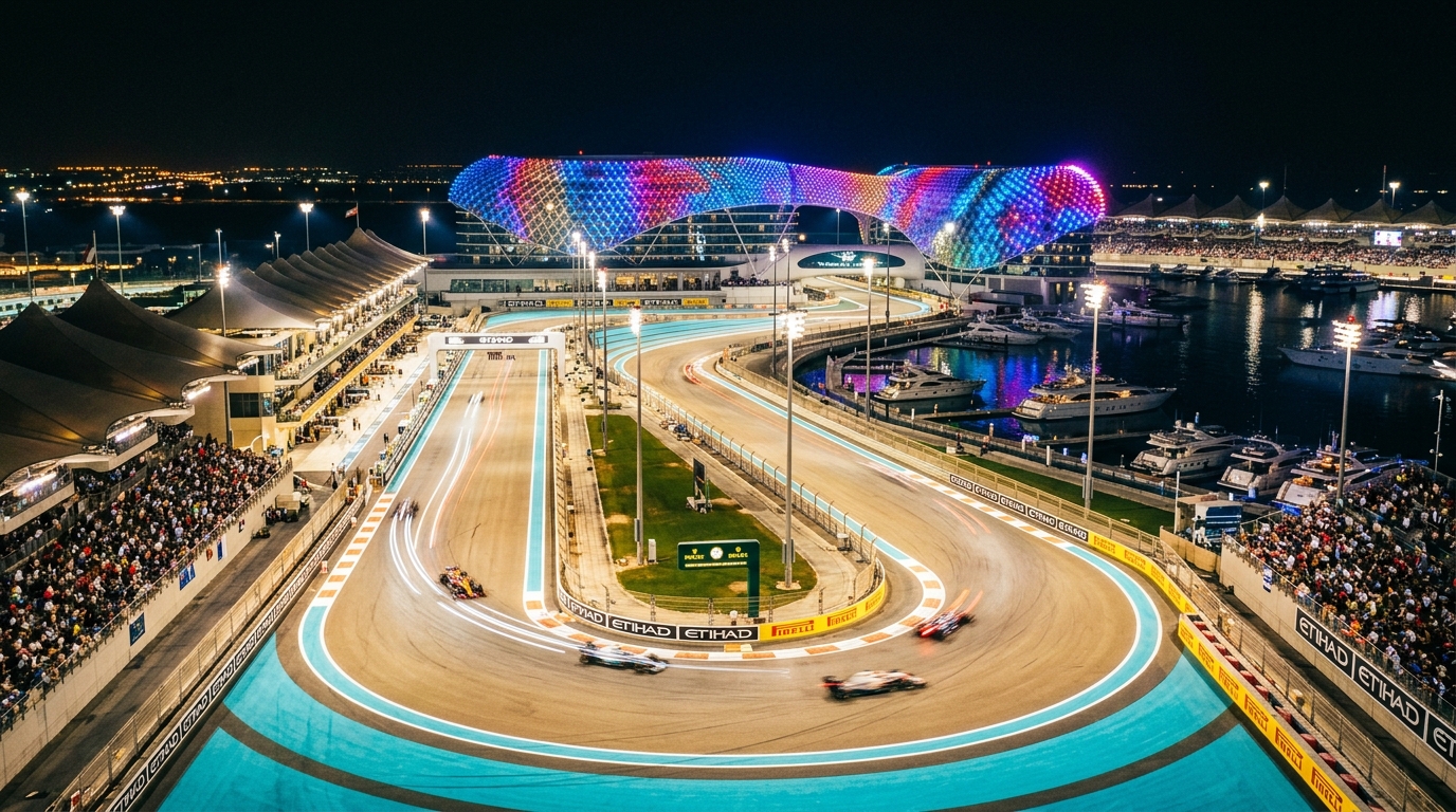 ヤス島のF1アブダビグランプリ夜景。照明に照らされたサーキットとYas Hotelのカラフルなファサード