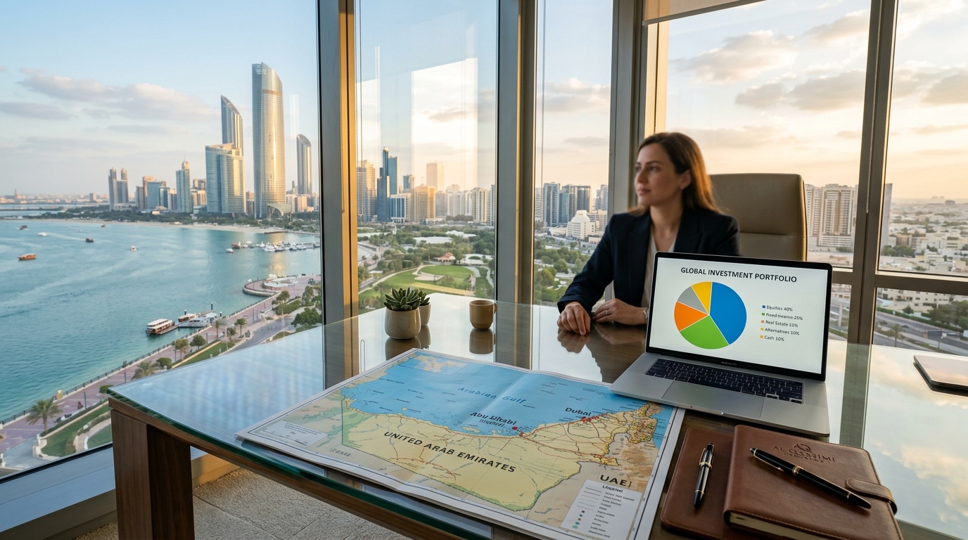 UAEの地図とポートフォリオ配分グラフが表示されたノートパソコン。窓の外にはアブダビのスカイライン