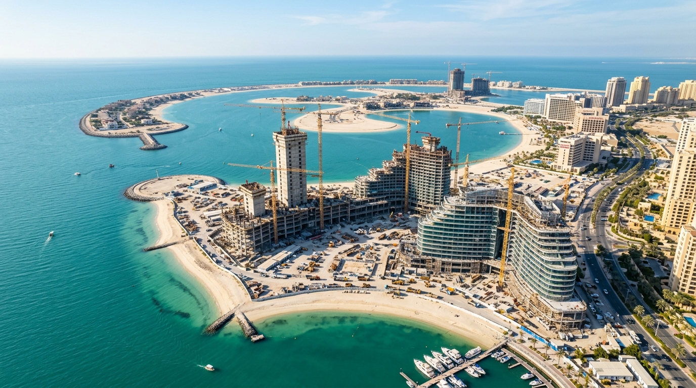 ラスアルハイマ・アルマルジャン島のリゾート建設が進む海岸線の空撮、ターコイズブルーの海に囲まれた島の全景