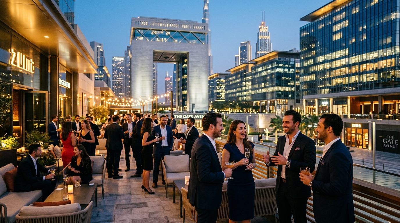 DIFCゲートアベニューの夜、モダンな建築に囲まれたテラス席で談笑する洗練された服装の男女ビジネスエリートたち