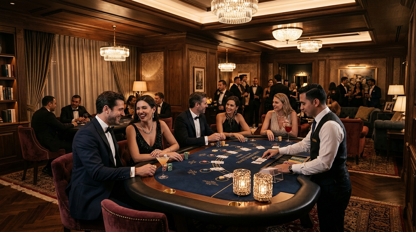 ドバイの高級ホテル内ラウンジ、シックな照明の下でゲームを楽しむビジネスエリート層