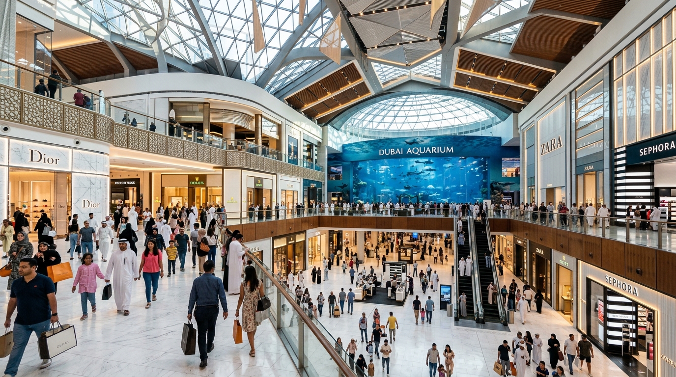 ドバイモールの広大なアトリウム、高い天井と近代建築に囲まれた家族連れや買い物客で賑わう週末の風景