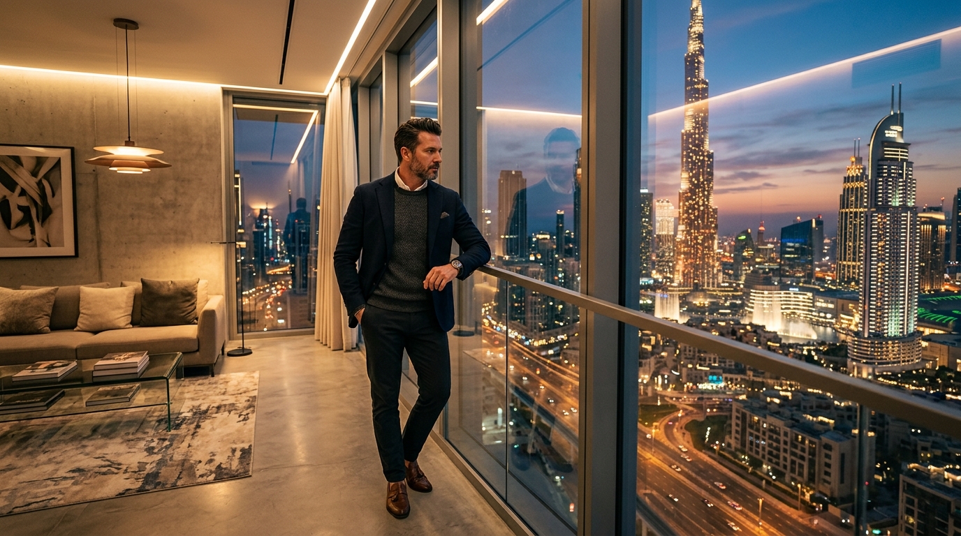ドバイの高層レジデンスの広大なリビングルームで夜景を眺めるビジネスマン、モダンな家具と床から天井までの窓